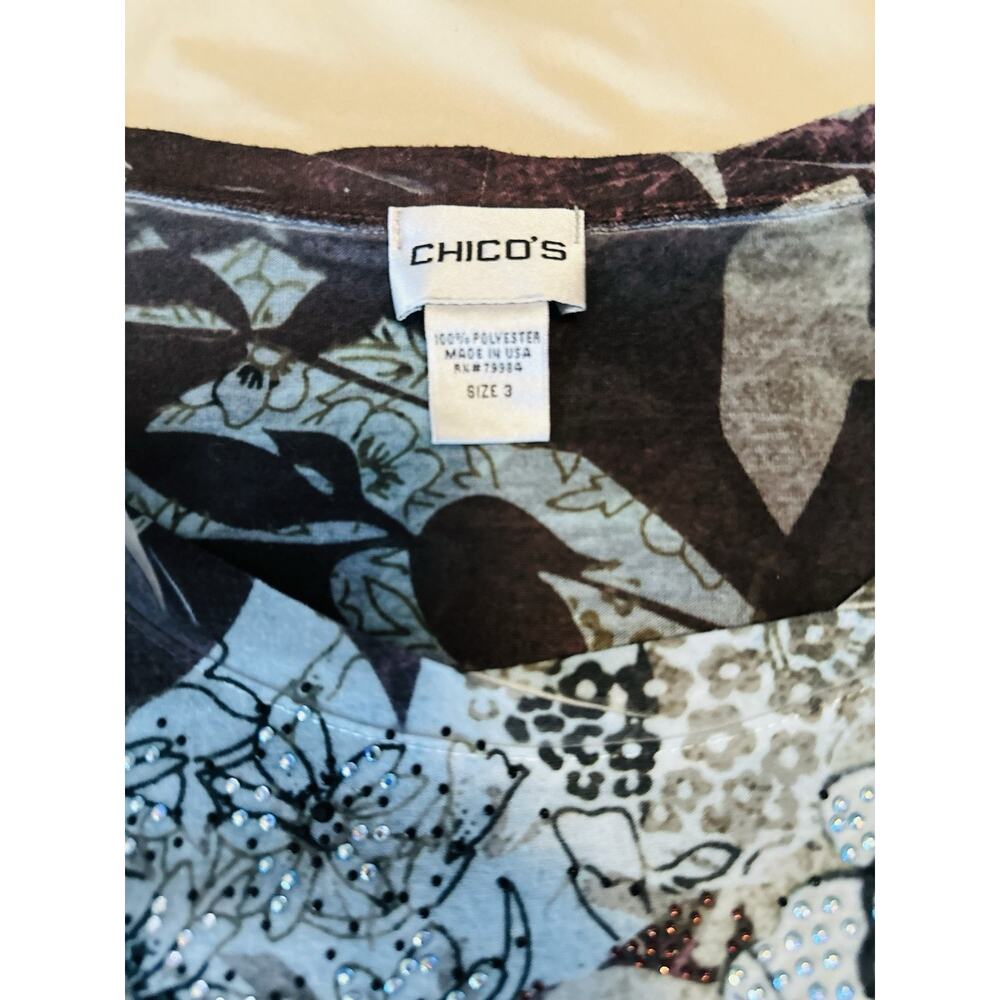 Women's Chico's Boho Blue Brown Floral Studded 3/4 Sleeve Blouse Top Size 3 - Picture 3 of 7